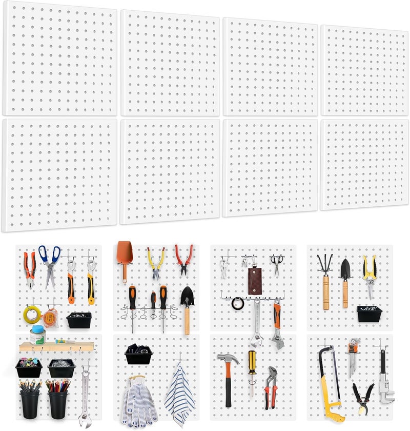 Dobures 8PCS White Metal Pegboard Organizer Set, Heavy Duty Steel Wall Panel for Tool Storage in Garage, Workshop, Office, Kitchen and Craft Room - Image 1